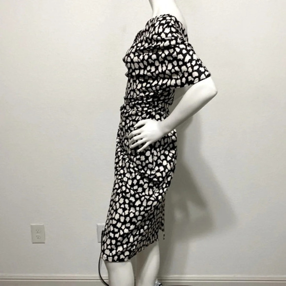 ASOS "NEW" Splodge Print Mono Polka Dot Pleated Shoulder Pencil Midi Dress Sz 12 - Picture 6 of 8